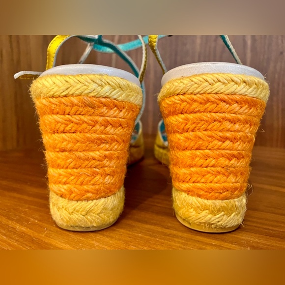 VTG E Made In Italy Colorblock Wedge Espadrilles Sz 37 Cream/Orange/Yellow/Gold - Picture 10 of 16